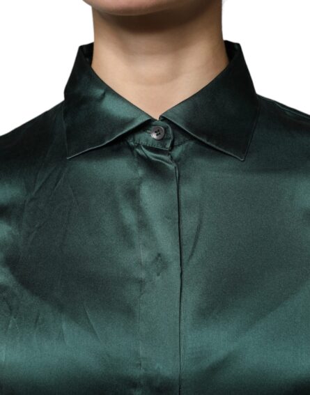 Dark Green Silk Button Down Long Sleeves Blouse Top - Image 5