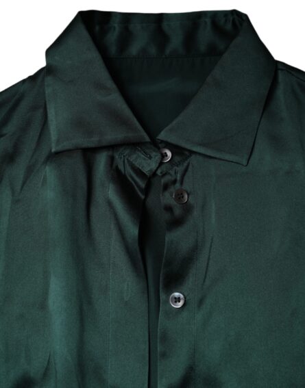 Dark Green Silk Button Down Long Sleeves Blouse Top - Image 6
