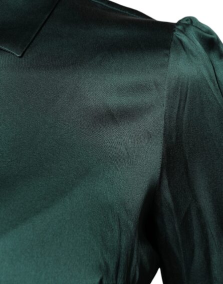 Dark Green Silk Button Down Long Sleeves Blouse Top - Image 7