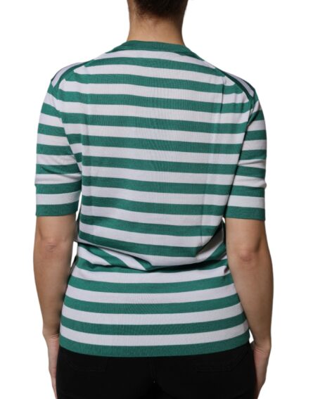 White Green Stripe Leaf Crew Neck T-shirt - Image 4