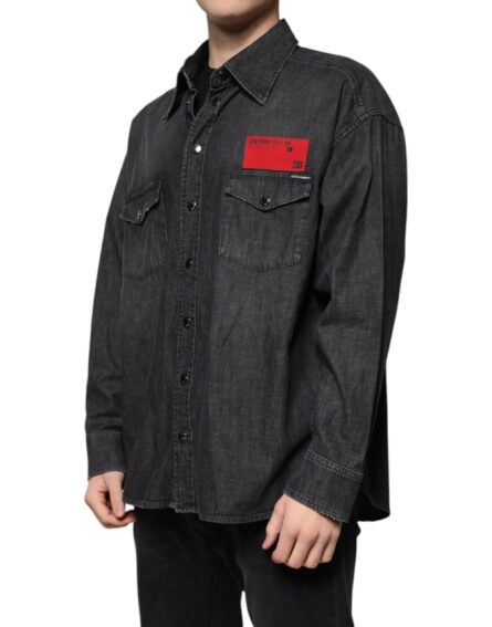 Black Logo Cotton Button Down Denim Shirt - Image 3