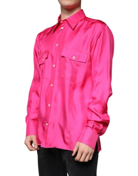 Pink Silk Collared Button Down Men Shirt - Image 3
