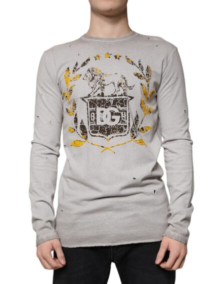 Gray Printed Cotton Crewneck Pullover Sweater - Image 2