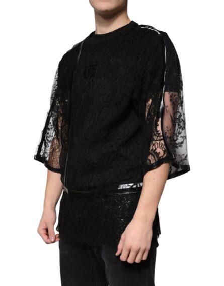 Black Nylon Floral Lace Crew Neck T-shirt - Image 3