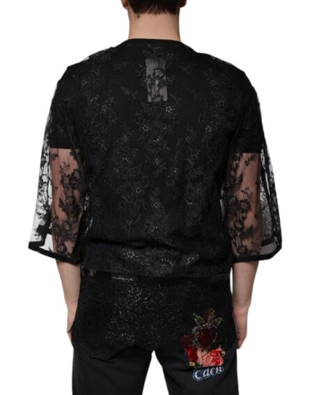 Black Nylon Floral Lace Crew Neck T-shirt - Image 4