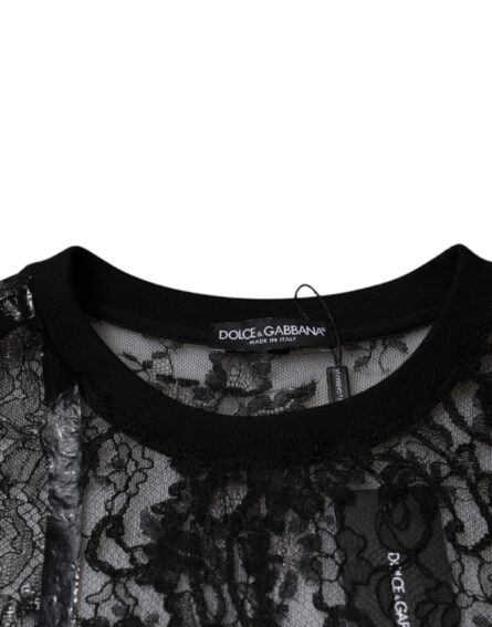 Black Nylon Floral Lace Crew Neck T-shirt - Image 7