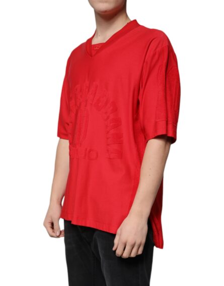Red Cotton V-neck Short Sleeves T-shirt - Image 3