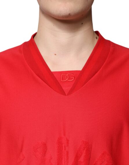Red Cotton V-neck Short Sleeves T-shirt - Image 5