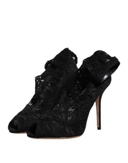 Black Lace Stretch Heels Mid Calf Boots Shoes - Image 3