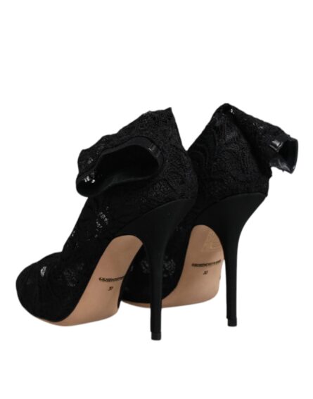 Black Lace Stretch Heels Mid Calf Boots Shoes - Image 4