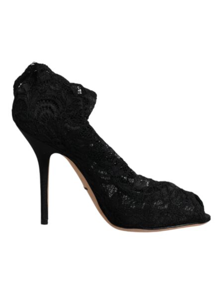 Black Lace Stretch Heels Mid Calf Boots Shoes - Image 6
