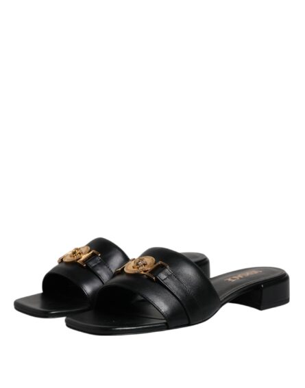 Black Leather Logo Plaque Slip On Slides Flats Shoes - Image 3