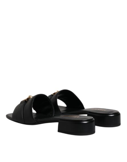 Black Leather Logo Plaque Slip On Slides Flats Shoes - Image 4