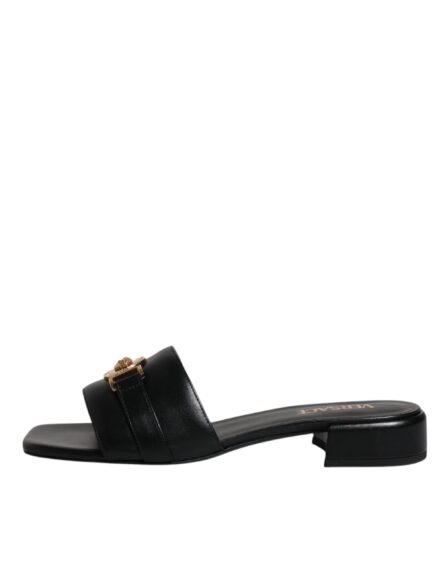 Black Leather Logo Plaque Slip On Slides Flats Shoes - Image 5