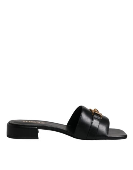Black Leather Logo Plaque Slip On Slides Flats Shoes - Image 6