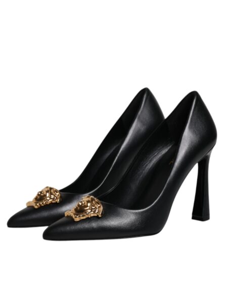 Black Leather Logo Plaque High Heels Pumps Shoes - Image 3
