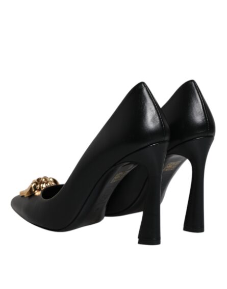 Black Leather Logo Plaque High Heels Pumps Shoes - Image 4