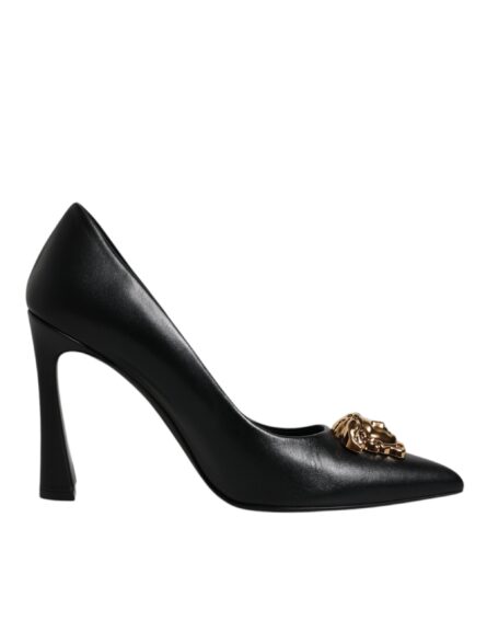 Black Leather Logo Plaque High Heels Pumps Shoes - Image 7