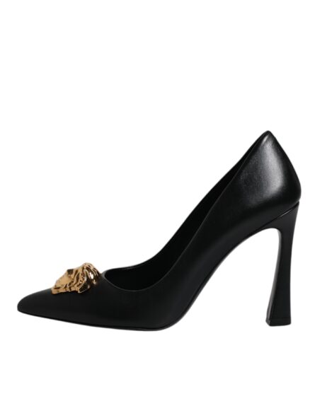 Black Leather Logo Plaque High Heels Pumps Shoes - Image 8