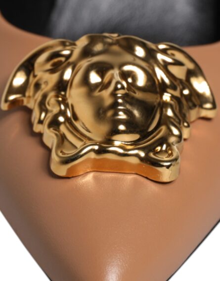 Brown Leather Logo Plaque High Heels Pumps Shoes - Image 5