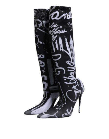Black Logo Stretch Heels High Boots Shoes - Image 3