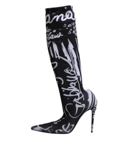 Black Logo Stretch Heels High Boots Shoes - Image 5