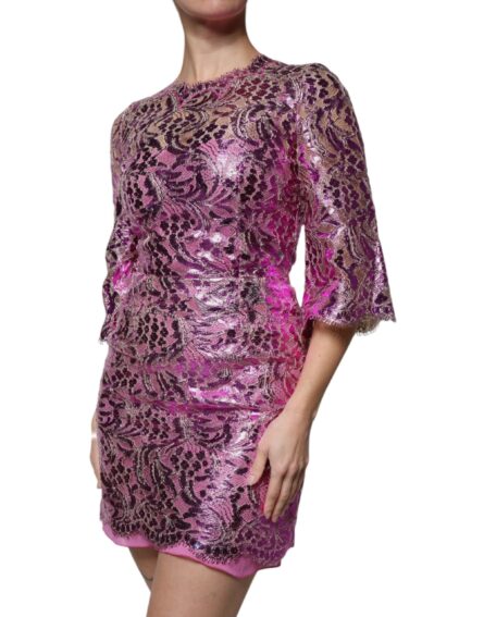 Metallic Fuchsia Floral Sheath Mini Dress - Image 3