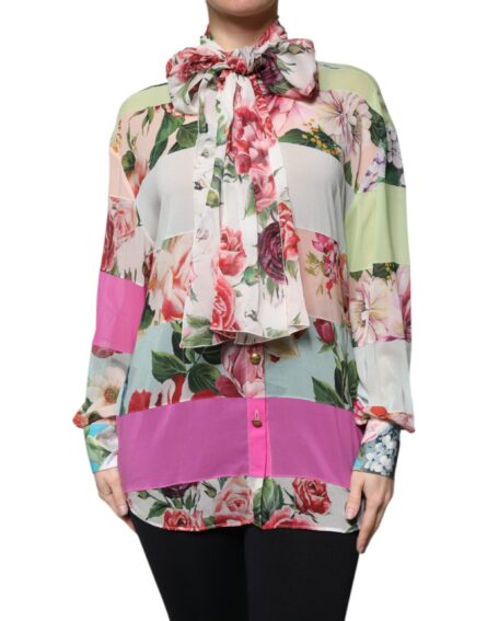 Multicolor Floral Patchwork Ascot Collar Top - Image 2