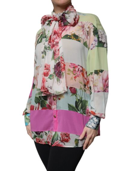 Multicolor Floral Patchwork Ascot Collar Top - Image 3