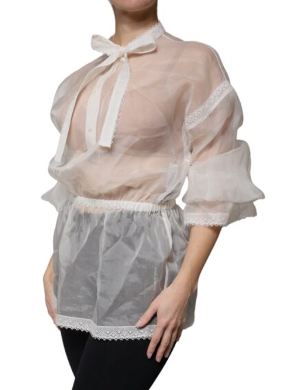 White Ascot Collar Long Sleeves Blouse Top - Image 3