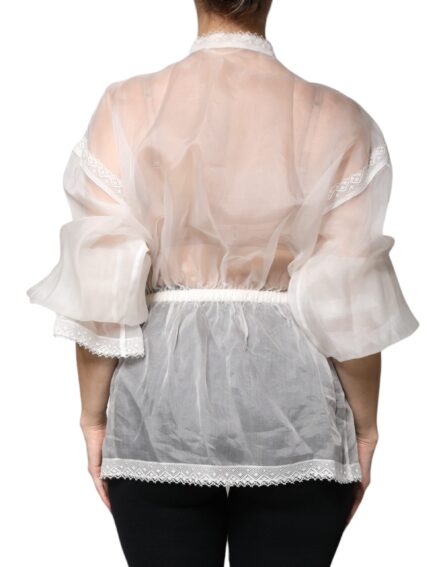 White Ascot Collar Long Sleeves Blouse Top - Image 4