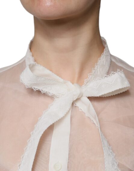 White Ascot Collar Long Sleeves Blouse Top - Image 5