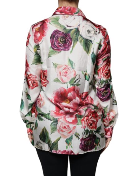 White Peony Silk Long Sleeves Collared Blouse Top - Image 4