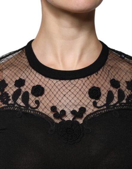 Black Floral Lace Short Sleeves Blouse Top - Image 5