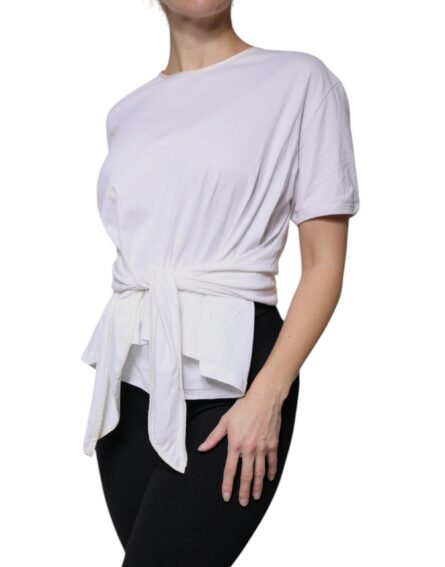 White Cotton Silk Round Neck Wrap Blouse Top - Image 3