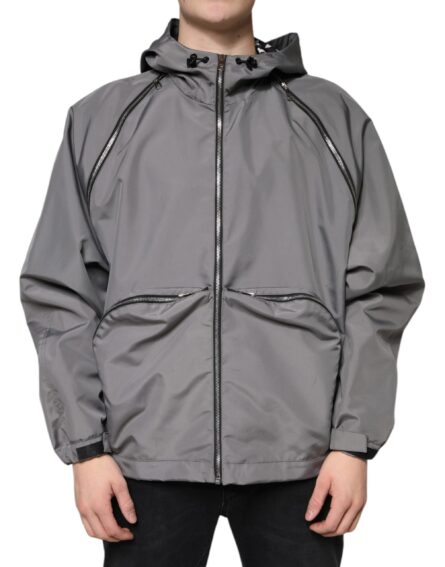 Gray Polyester Hooded Men Full Zip Jacket - Image 2