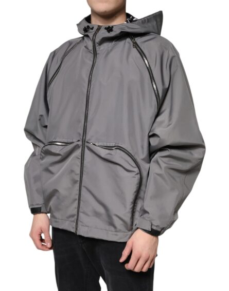 Gray Polyester Hooded Men Full Zip Jacket - Image 3