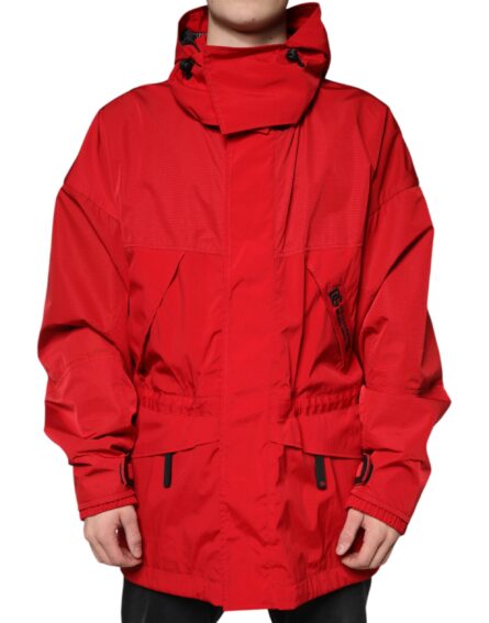 Red Nylon Hooded Men Full Zip Parka Jacket - Image 2