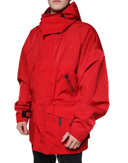 Red Nylon Hooded Men Full Zip Parka Jacket - Image 3