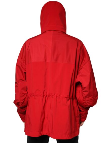 Red Nylon Hooded Men Full Zip Parka Jacket - Image 4