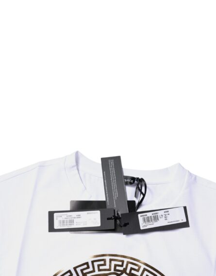 White Medusa Print Cotton Crew Neck T-shirt - Image 7