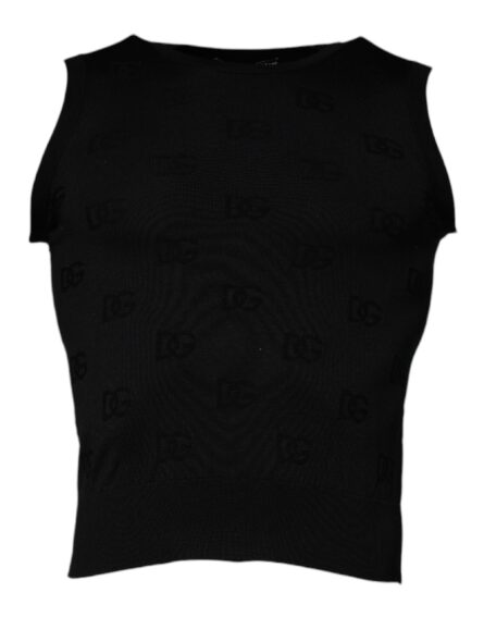 Black Silk Round Neck Sleeveless T-shirt - Image 2