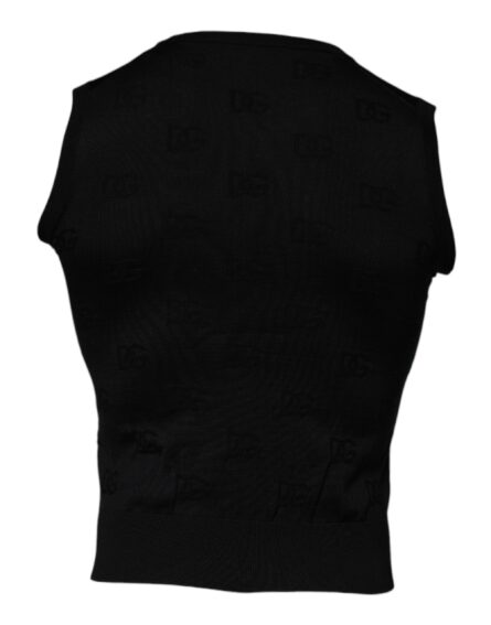 Black Silk Round Neck Sleeveless T-shirt - Image 4