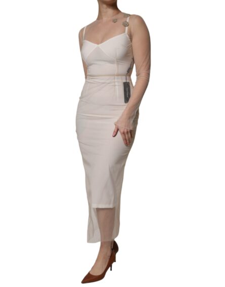 White Sheer Tulle Bustier Bodycon Midi Dress - Image 3