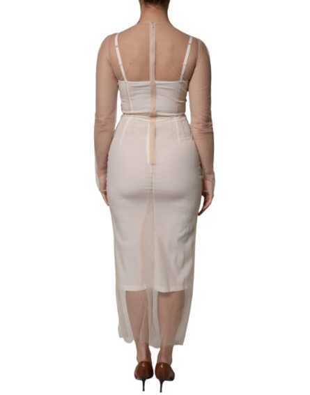 White Sheer Tulle Bustier Bodycon Midi Dress - Image 4