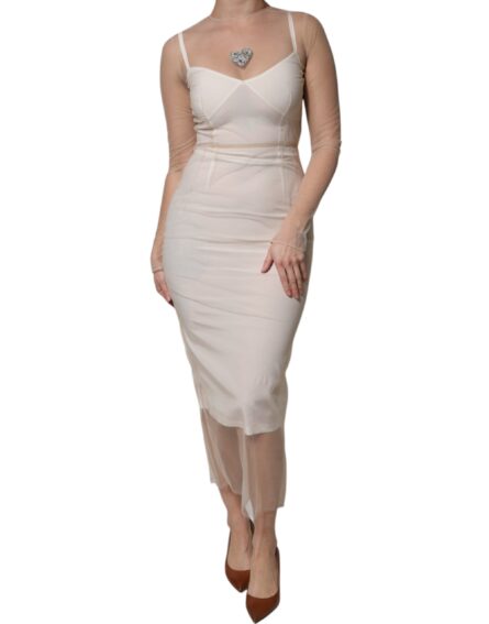 White Sheer Tulle Bustier Bodycon Midi Dress - Image 2