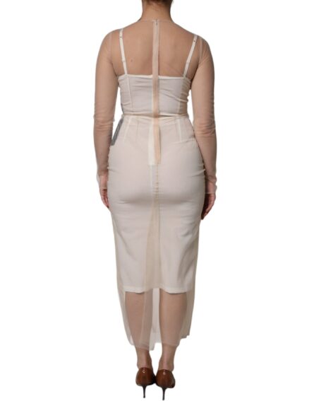 White Sheer Tulle Bustier Bodycon Midi Dress - Image 4