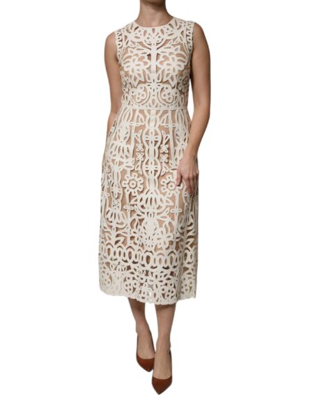 White Cut Out Leather Sleeveless Midi Dress - Image 2