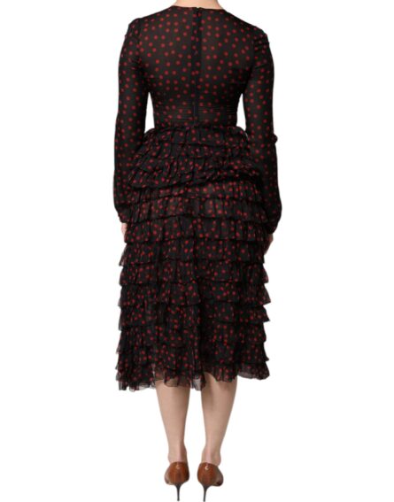 Black Red Polka Dot Silk Layered Midi Dress - Image 4