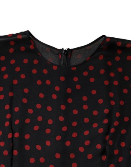 Black Red Polka Dot Silk Layered Midi Dress - Image 6